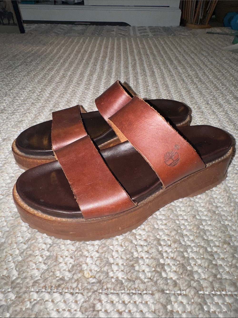 Timberland Women’s Brown Leather Double-Strap Platform Sandals